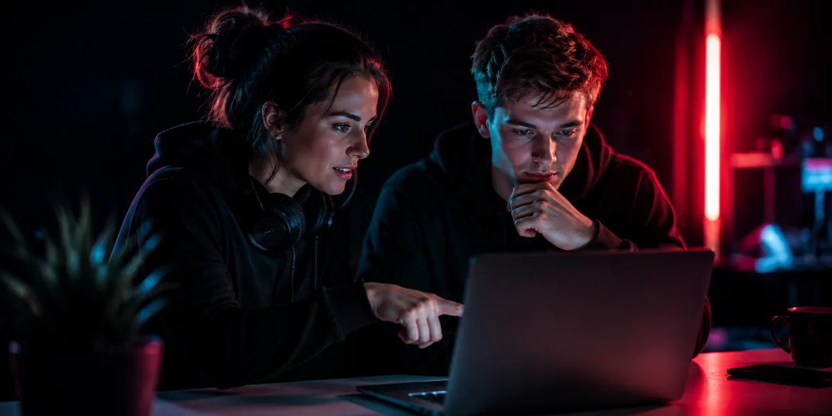 Zwei Menschen sitzen nachts nebeneinander vor einem Laptop und besprechen etwas