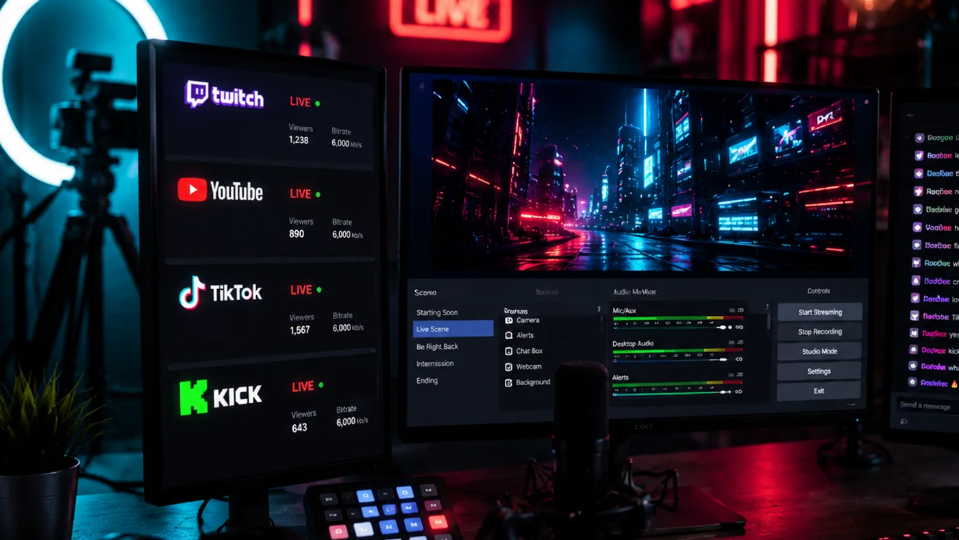 Abgedunkelter Schreibtisch mit mehreren Bildschirmen, links eine Liste gleichzeitig laufender Streams, daneben ein Mikrofon