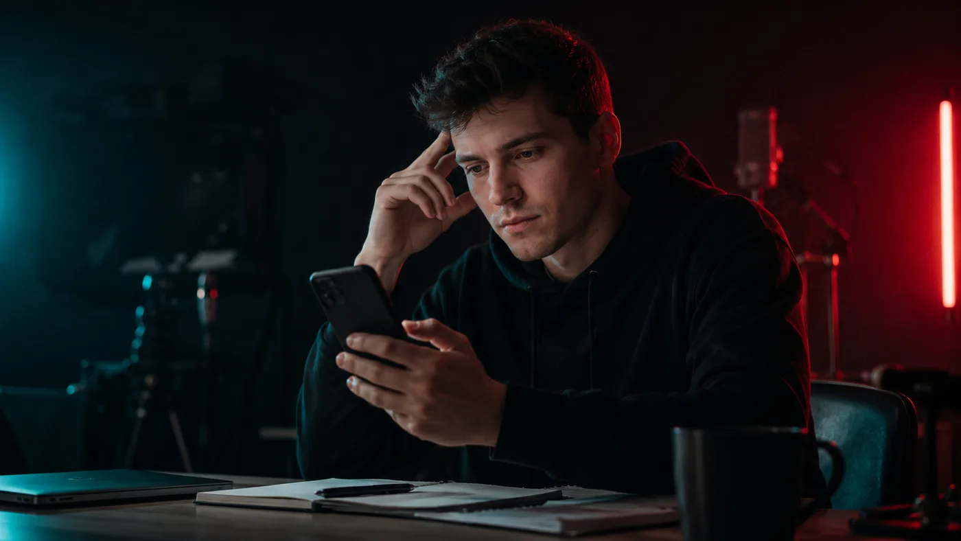 Junger Mann sitzt in einem abgedunkelten Zimmer und sieht nachdenklich auf sein Handy