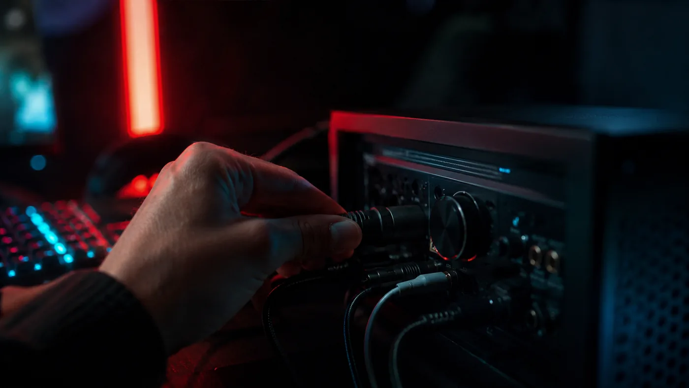 Hände bedienen ein Audiointerface neben einer beleuchteten Tastatur